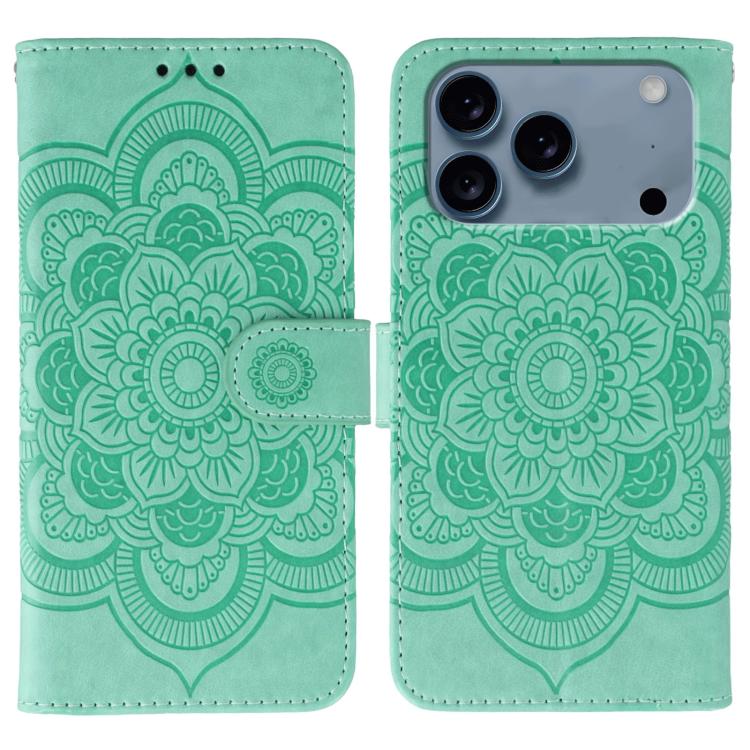 Funda para teléfono de cuero con estampado de mandala de sol, For iPhone 16e / 17e, For iPhone 17 Pro Max, For iPhone 17 Pro, For iPhone 17, For iPhone Air, For iPhone 15 Pro Max
