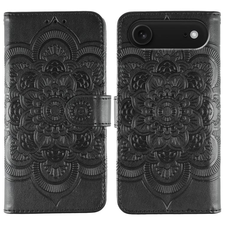 Funda para teléfono de cuero con estampado de mandala de sol, For iPhone 16e / 17e, For iPhone 17 Pro Max, For iPhone 17 Pro, For iPhone 17, For iPhone Air, For iPhone 15 Pro Max