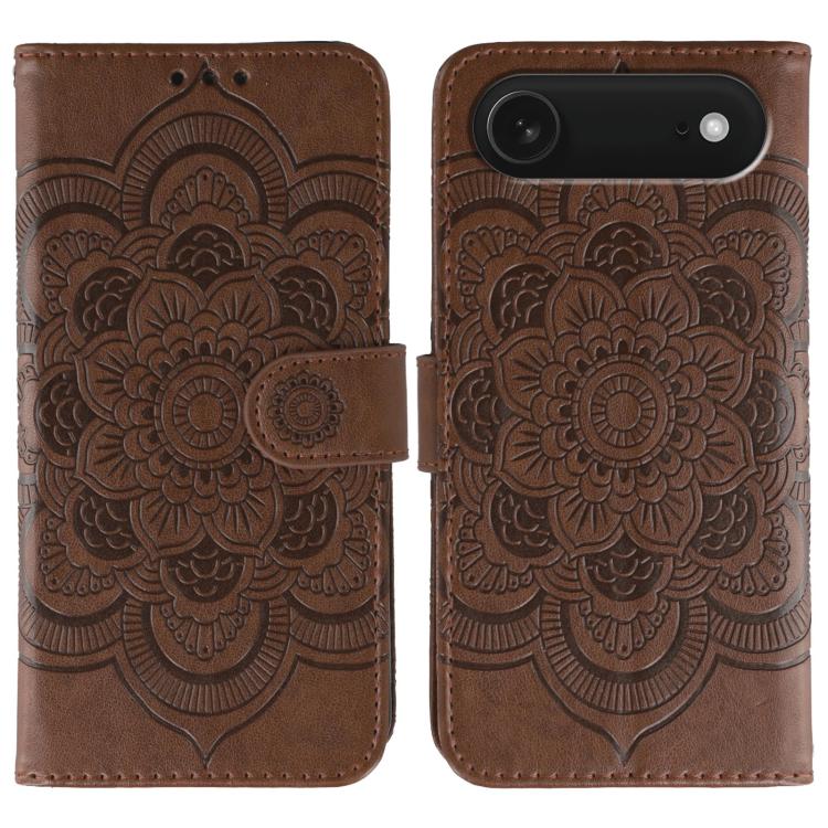 Funda para teléfono de cuero con estampado de mandala de sol, For iPhone 16e / 17e, For iPhone 17 Pro Max, For iPhone 17 Pro, For iPhone 17, For iPhone Air, For iPhone 15 Pro Max