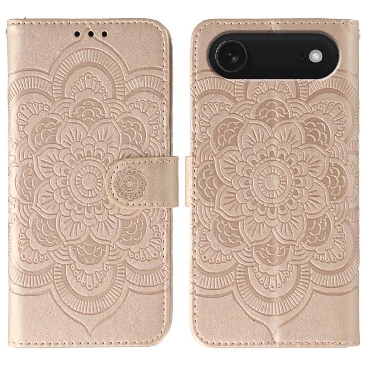 Funda para teléfono de cuero con estampado de mandala de sol, For iPhone 16e / 17e, For iPhone 17 Pro Max, For iPhone 17 Pro, For iPhone 17, For iPhone Air, For iPhone 15 Pro Max