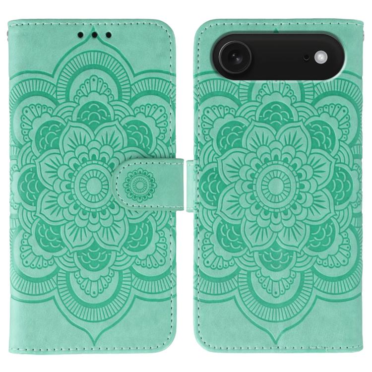Funda para teléfono de cuero con estampado de mandala de sol, For iPhone 16e / 17e, For iPhone 17 Pro Max, For iPhone 17 Pro, For iPhone 17, For iPhone Air, For iPhone 15 Pro Max
