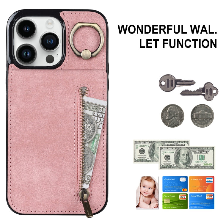 Estuche retro para teléfono con ranura para tarjeta RFID con anillo y cremallera, For iPhone 15