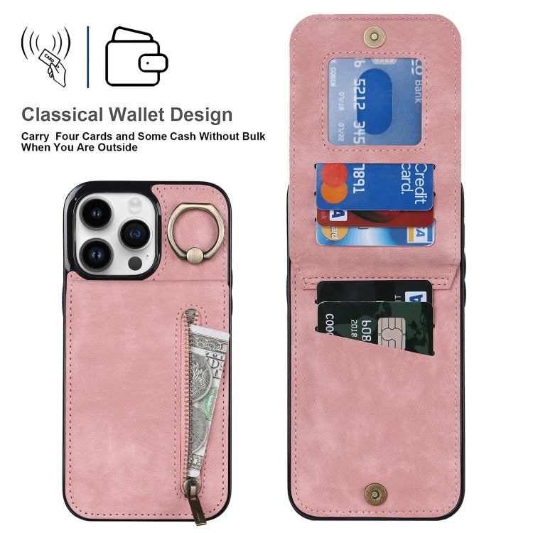 Estuche retro para teléfono con ranura para tarjeta RFID con anillo y cremallera, For iPhone 15