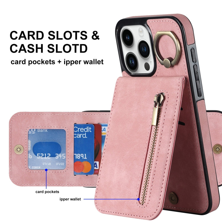Estuche retro para teléfono con ranura para tarjeta RFID con anillo y cremallera, For iPhone 15