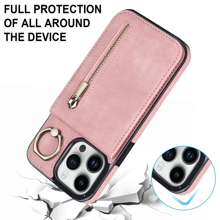 Estuche retro para teléfono con ranura para tarjeta RFID con anillo y cremallera, For iPhone 15