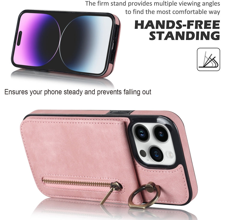 Estuche retro para teléfono con ranura para tarjeta RFID con anillo y cremallera, For iPhone 15