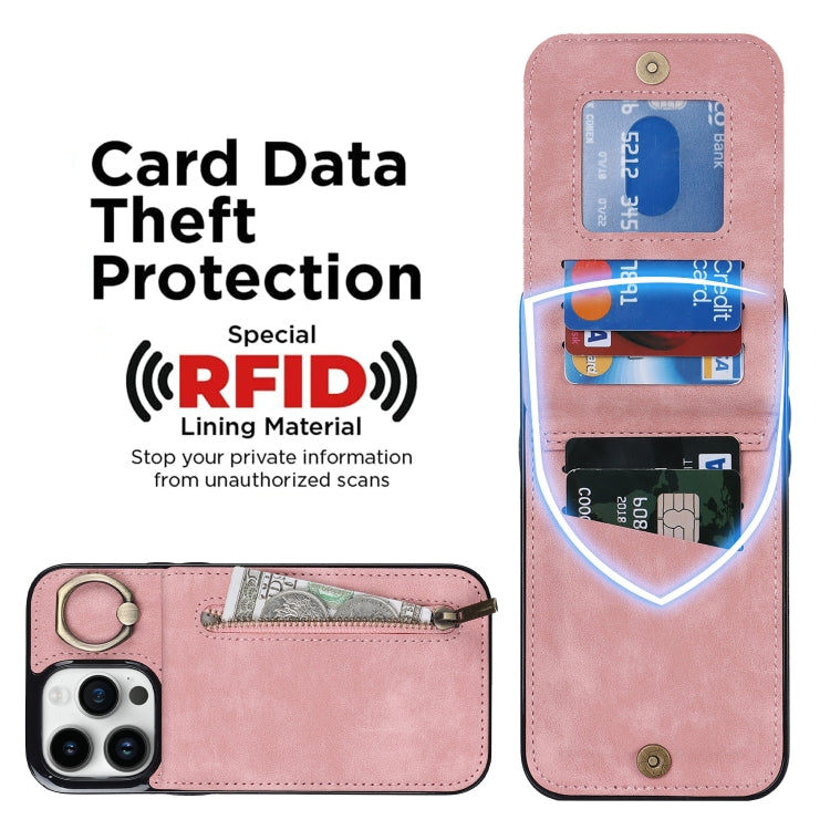 Estuche retro para teléfono con ranura para tarjeta RFID con anillo y cremallera, For iPhone 15