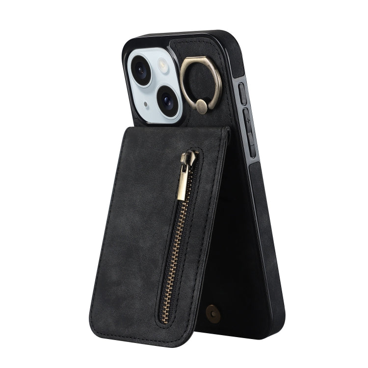 Estuche retro para teléfono con ranura para tarjeta RFID con anillo y cremallera, For iPhone 15