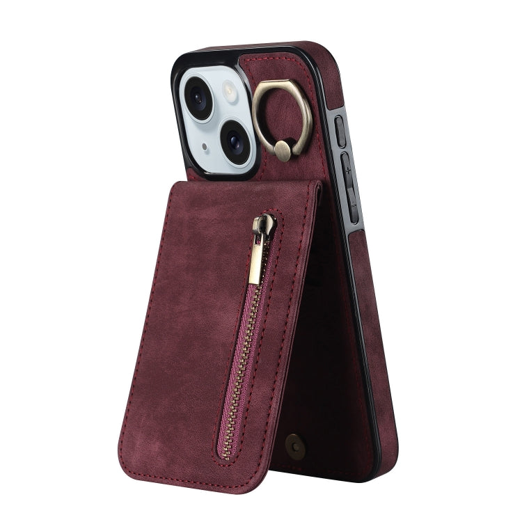 Estuche retro para teléfono con ranura para tarjeta RFID con anillo y cremallera, For iPhone 15