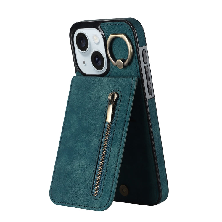 Estuche retro para teléfono con ranura para tarjeta RFID con anillo y cremallera, For iPhone 15