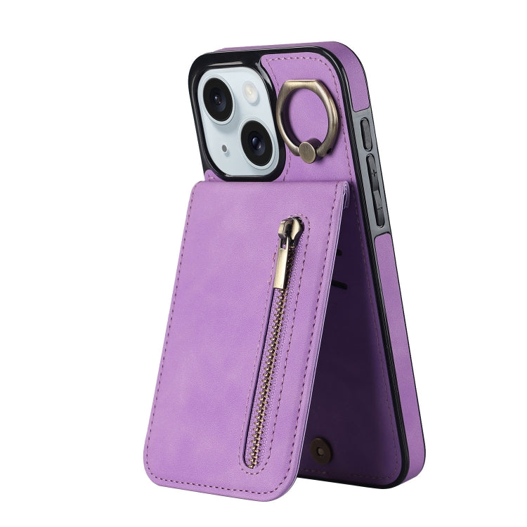 Estuche retro para teléfono con ranura para tarjeta RFID con anillo y cremallera, For iPhone 15