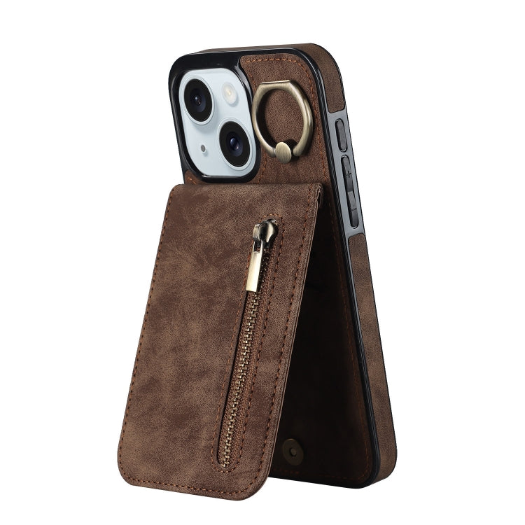 Estuche retro para teléfono con ranura para tarjeta RFID con anillo y cremallera, For iPhone 15