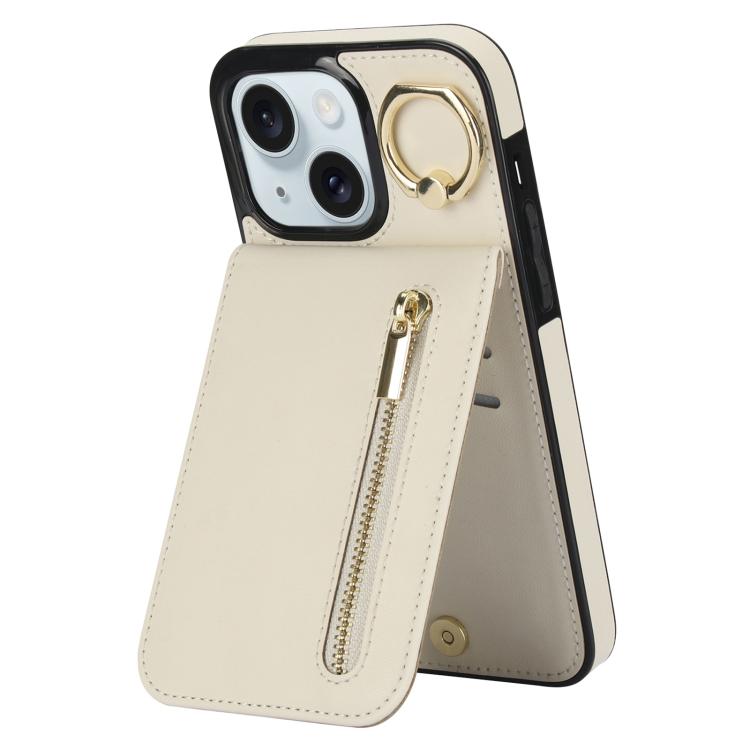 Estuche retro para teléfono con ranura para tarjeta RFID con anillo y cremallera, For iPhone 15