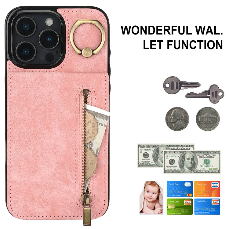 Estuche retro para teléfono con ranura para tarjeta RFID con anillo y cremallera, For iPhone 16 Pro, For iPhone 16 Plus, For iPhone 16, For iPhone 15 Pro Max, For iPhone 15 Pro, For iPhone 15 Plus