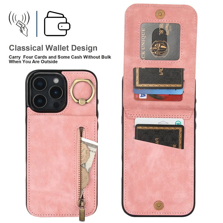 Estuche retro para teléfono con ranura para tarjeta RFID con anillo y cremallera, For iPhone 16 Pro, For iPhone 16 Plus, For iPhone 16, For iPhone 15 Pro Max, For iPhone 15 Pro, For iPhone 15 Plus