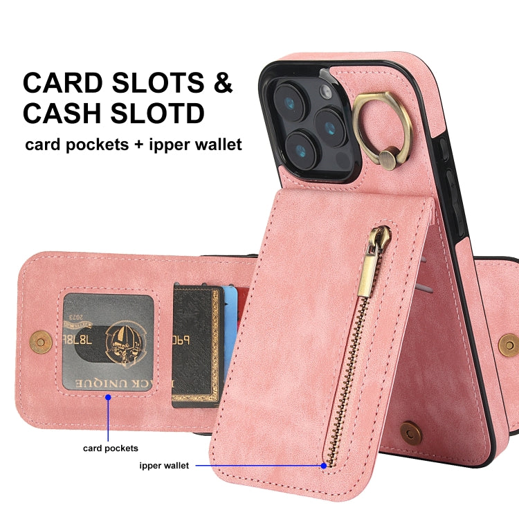 Estuche retro para teléfono con ranura para tarjeta RFID con anillo y cremallera, For iPhone 16 Pro, For iPhone 16 Plus, For iPhone 16, For iPhone 15 Pro Max, For iPhone 15 Pro, For iPhone 15 Plus