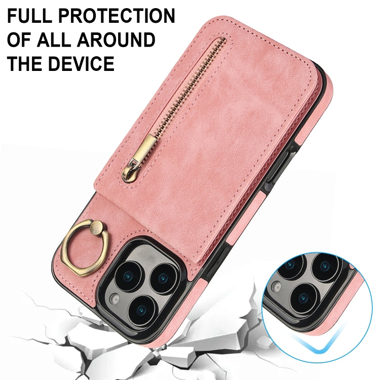 Estuche retro para teléfono con ranura para tarjeta RFID con anillo y cremallera, For iPhone 16 Pro, For iPhone 16 Plus, For iPhone 16, For iPhone 15 Pro Max, For iPhone 15 Pro, For iPhone 15 Plus