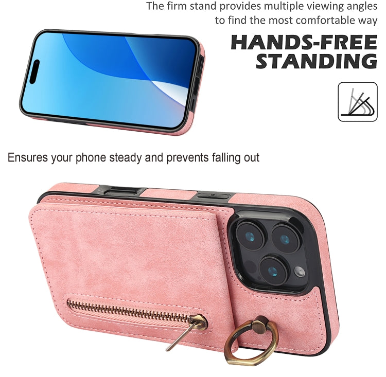 Estuche retro para teléfono con ranura para tarjeta RFID con anillo y cremallera, For iPhone 16 Pro, For iPhone 16 Plus, For iPhone 16, For iPhone 15 Pro Max, For iPhone 15 Pro, For iPhone 15 Plus