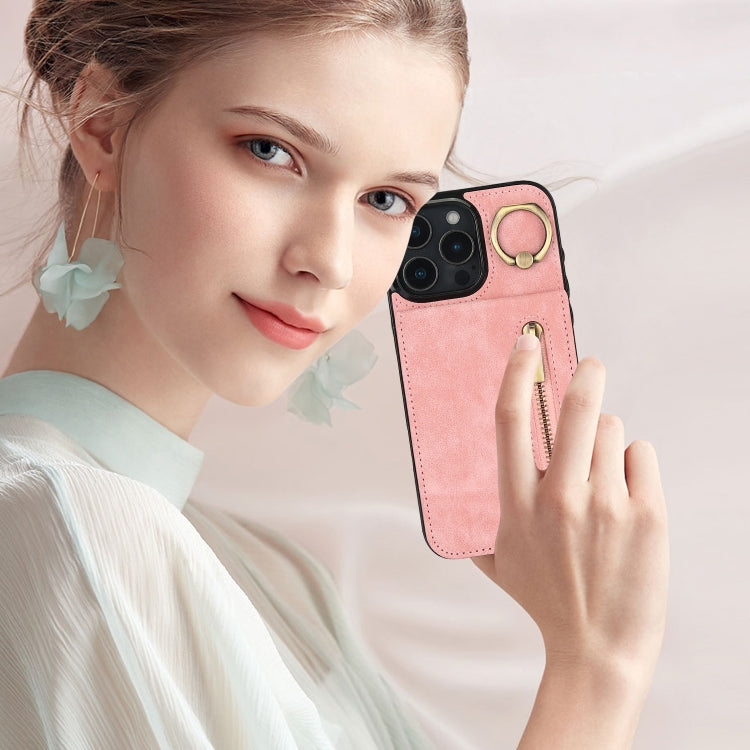 Estuche retro para teléfono con ranura para tarjeta RFID con anillo y cremallera, For iPhone 16 Pro, For iPhone 16 Plus, For iPhone 16, For iPhone 15 Pro Max, For iPhone 15 Pro, For iPhone 15 Plus