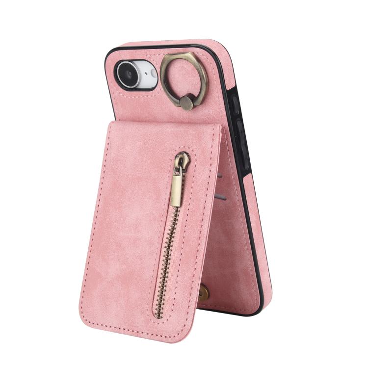 Estuche retro para teléfono con ranura para tarjeta RFID con anillo y cremallera, For iPhone 17e / 16e, For iPhone 17 Pro Max, For iPhone 17 Pro, For iPhone 17, For iPhone Air, For iPhone 16 Pro Max