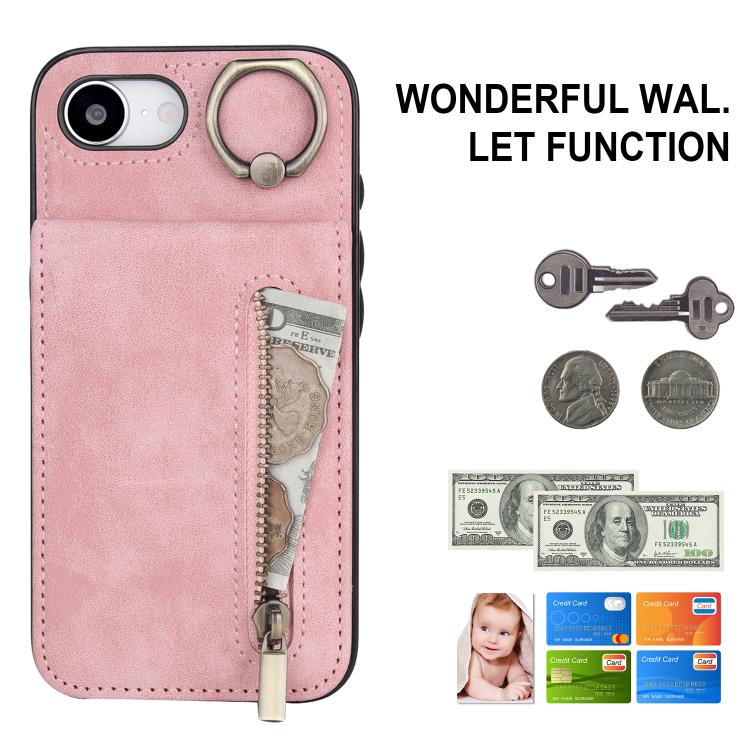 Estuche retro para teléfono con ranura para tarjeta RFID con anillo y cremallera, For iPhone 17e / 16e, For iPhone 17 Pro Max, For iPhone 17 Pro, For iPhone 17, For iPhone Air, For iPhone 16 Pro Max