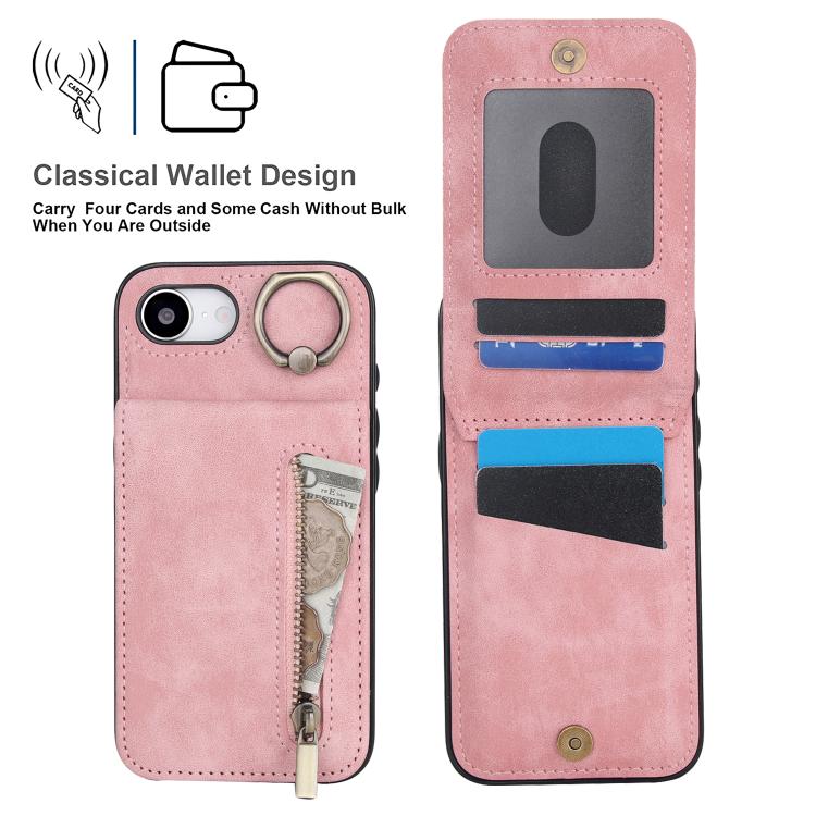 Estuche retro para teléfono con ranura para tarjeta RFID con anillo y cremallera, For iPhone 17e / 16e, For iPhone 17 Pro Max, For iPhone 17 Pro, For iPhone 17, For iPhone Air, For iPhone 16 Pro Max