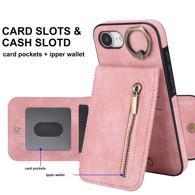 Estuche retro para teléfono con ranura para tarjeta RFID con anillo y cremallera, For iPhone 17e / 16e, For iPhone 17 Pro Max, For iPhone 17 Pro, For iPhone 17, For iPhone Air, For iPhone 16 Pro Max