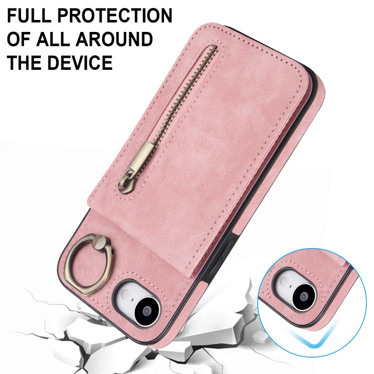 Estuche retro para teléfono con ranura para tarjeta RFID con anillo y cremallera, For iPhone 17e / 16e, For iPhone 17 Pro Max, For iPhone 17 Pro, For iPhone 17, For iPhone Air, For iPhone 16 Pro Max