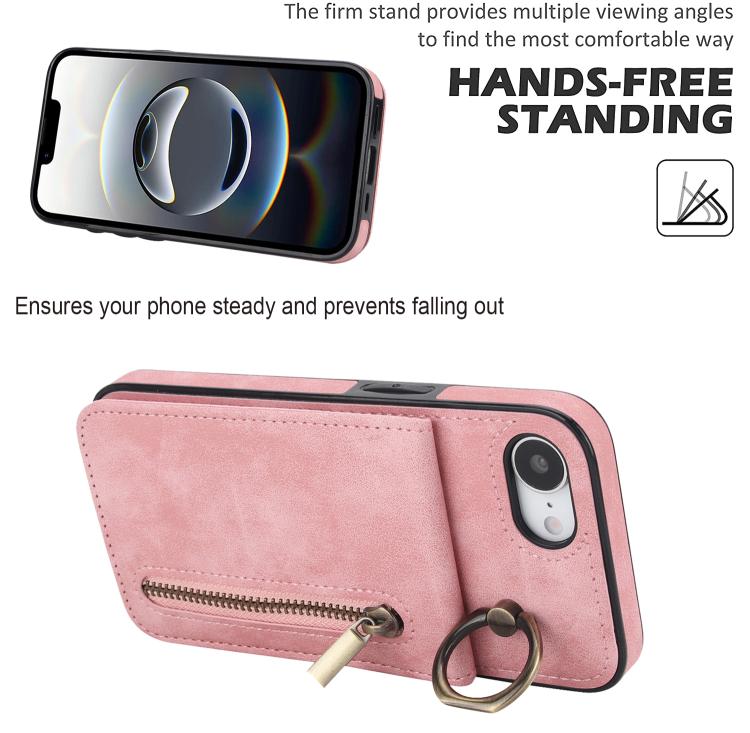 Estuche retro para teléfono con ranura para tarjeta RFID con anillo y cremallera, For iPhone 17e / 16e, For iPhone 17 Pro Max, For iPhone 17 Pro, For iPhone 17, For iPhone Air, For iPhone 16 Pro Max