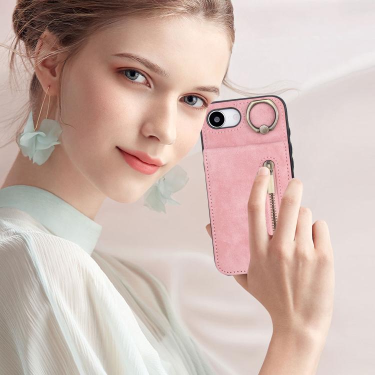 Estuche retro para teléfono con ranura para tarjeta RFID con anillo y cremallera, For iPhone 17e / 16e, For iPhone 17 Pro Max, For iPhone 17 Pro, For iPhone 17, For iPhone Air, For iPhone 16 Pro Max