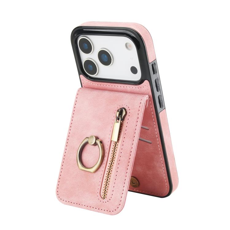 Estuche retro para teléfono con ranura para tarjeta RFID con anillo y cremallera, For iPhone 18 Pro / 17 Pro, For iPhone 18 Pro Max / 17 Pro Max, For iPhone 17e / 16e, For iPhone 17, For iPhone Air, For iPhone 16 Pro Max