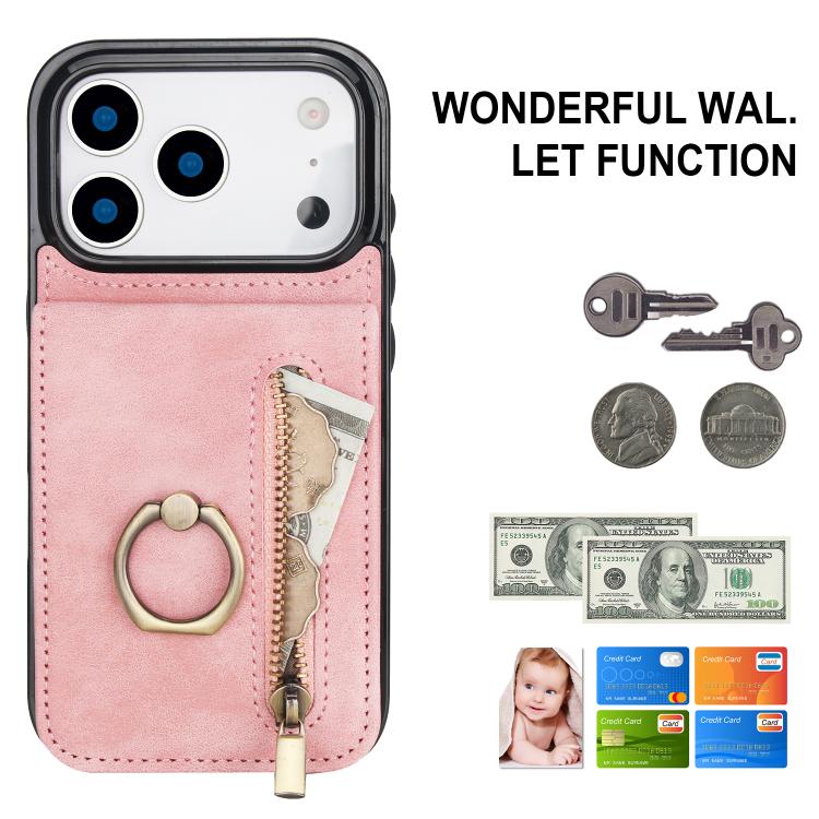 Estuche retro para teléfono con ranura para tarjeta RFID con anillo y cremallera, For iPhone 18 Pro / 17 Pro, For iPhone 18 Pro Max / 17 Pro Max, For iPhone 17e / 16e, For iPhone 17, For iPhone Air, For iPhone 16 Pro Max