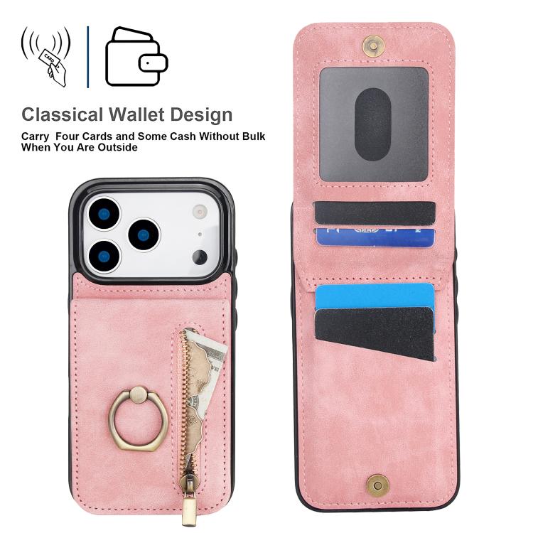 Estuche retro para teléfono con ranura para tarjeta RFID con anillo y cremallera, For iPhone 18 Pro / 17 Pro, For iPhone 18 Pro Max / 17 Pro Max, For iPhone 17e / 16e, For iPhone 17, For iPhone Air, For iPhone 16 Pro Max