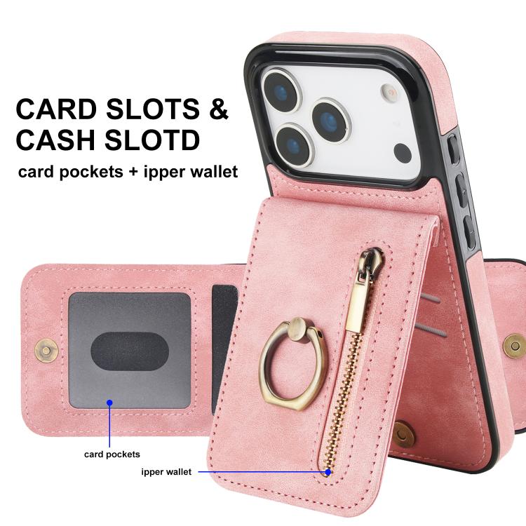 Estuche retro para teléfono con ranura para tarjeta RFID con anillo y cremallera, For iPhone 18 Pro / 17 Pro, For iPhone 18 Pro Max / 17 Pro Max, For iPhone 17e / 16e, For iPhone 17, For iPhone Air, For iPhone 16 Pro Max