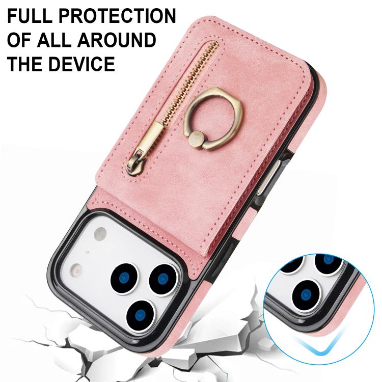 Estuche retro para teléfono con ranura para tarjeta RFID con anillo y cremallera, For iPhone 18 Pro / 17 Pro, For iPhone 18 Pro Max / 17 Pro Max, For iPhone 17e / 16e, For iPhone 17, For iPhone Air, For iPhone 16 Pro Max