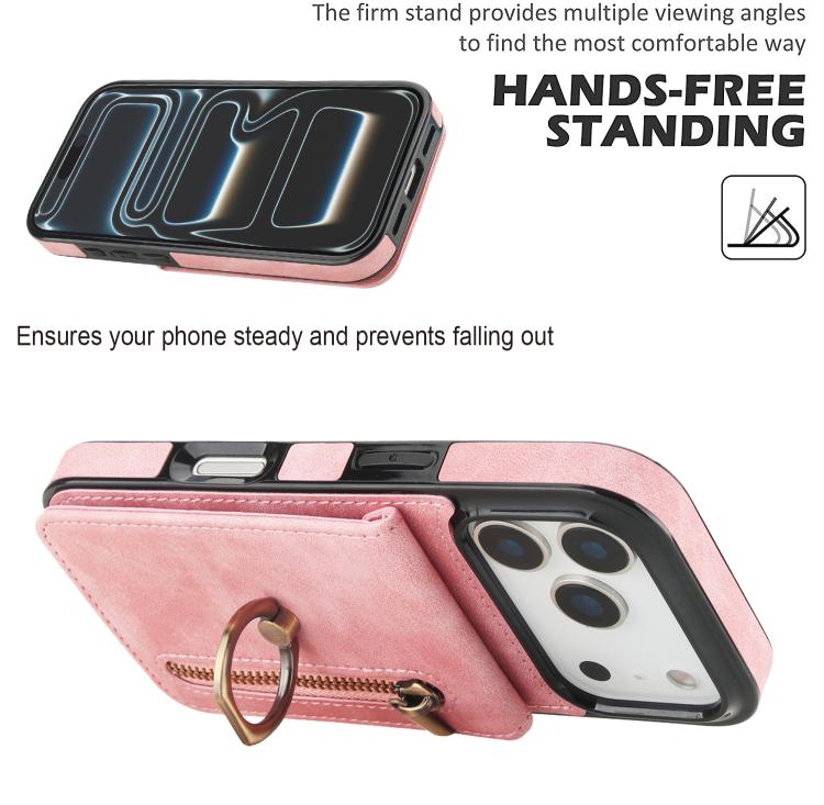Estuche retro para teléfono con ranura para tarjeta RFID con anillo y cremallera, For iPhone 18 Pro / 17 Pro, For iPhone 18 Pro Max / 17 Pro Max, For iPhone 17e / 16e, For iPhone 17, For iPhone Air, For iPhone 16 Pro Max