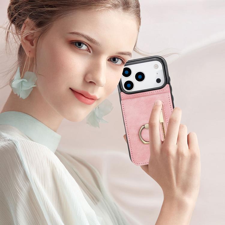 Estuche retro para teléfono con ranura para tarjeta RFID con anillo y cremallera, For iPhone 18 Pro / 17 Pro, For iPhone 18 Pro Max / 17 Pro Max, For iPhone 17e / 16e, For iPhone 17, For iPhone Air, For iPhone 16 Pro Max