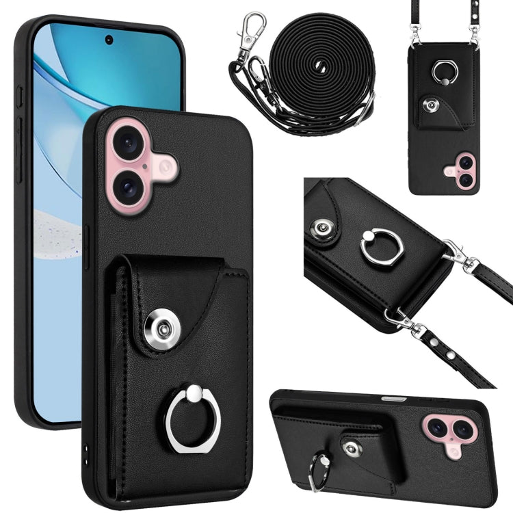 Funda para teléfono con soporte para anillo y bolsa para tarjeta de órgano con cordón largo, For iPhone 16, For iPhone 15 Pro Max, For iPhone 15 Pro, For iPhone 15 Plus, For iPhone 15, For iPhone 14 Plus, For iPhone 14, For iPhone 14 Pro
