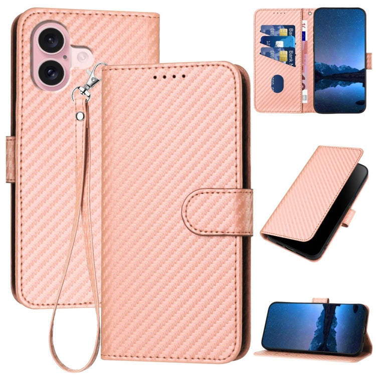 YX0070 Funda de teléfono de cuero con hebilla de fibra de carbono y cordón, For iPhone 16 Pro, For iPhone 16 Plus, For iPhone 16, For iPhone 15 Pro Max, For iPhone 15 Pro, For iPhone 15 Plus