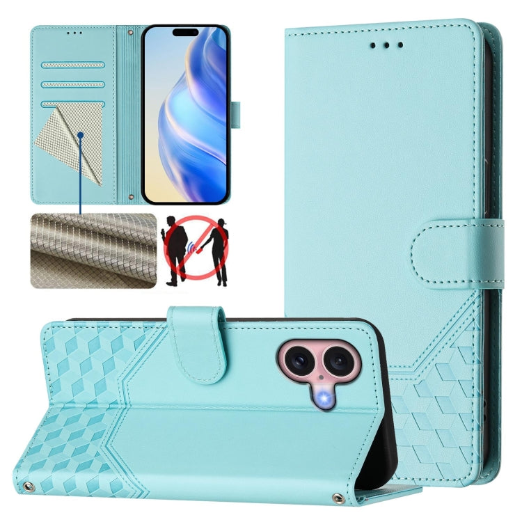 Funda para teléfono de cuero RFID con relieve en forma de panal, For iPhone 16, For iPhone 15 Pro Max, For iPhone 15 Pro, For iPhone 15 Plus, For iPhone 15, For iPhone 14 Plus, For iPhone 14 / 13, For iPhone 14 Pro