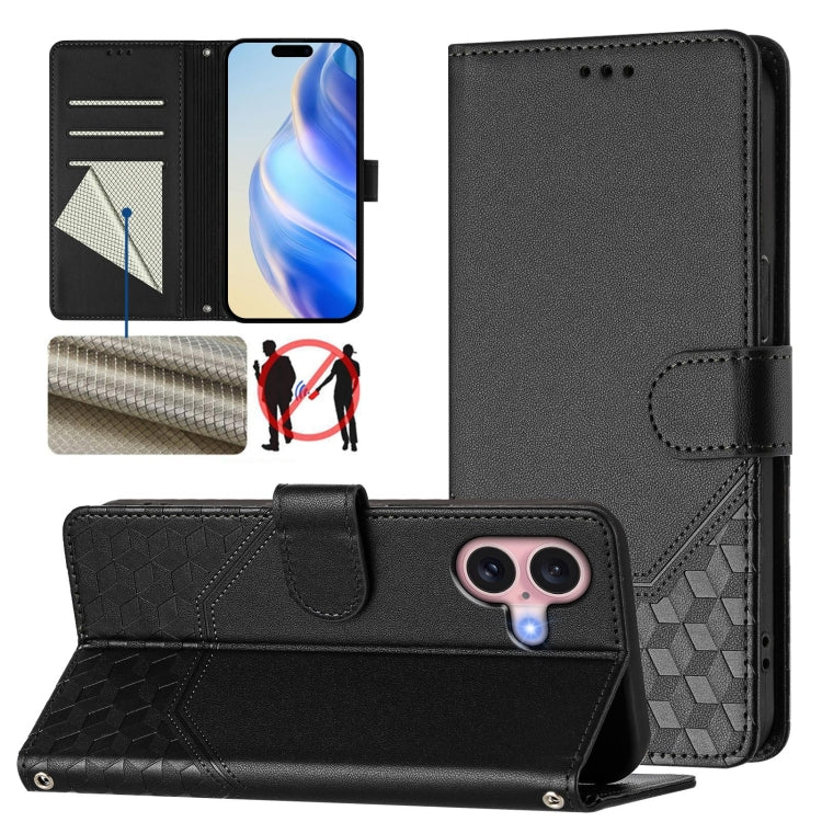 Funda para teléfono de cuero RFID con relieve en forma de panal, For iPhone 16, For iPhone 15 Pro Max, For iPhone 15 Pro, For iPhone 15 Plus, For iPhone 15, For iPhone 14 Plus, For iPhone 14 / 13, For iPhone 14 Pro