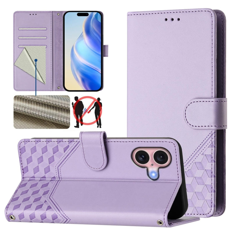 Funda para teléfono de cuero RFID con relieve en forma de panal, For iPhone 16, For iPhone 15 Pro Max, For iPhone 15 Pro, For iPhone 15 Plus, For iPhone 15, For iPhone 14 Plus, For iPhone 14 / 13, For iPhone 14 Pro