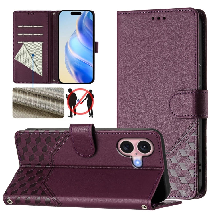 Funda para teléfono de cuero RFID con relieve en forma de panal, For iPhone 16, For iPhone 15 Pro Max, For iPhone 15 Pro, For iPhone 15 Plus, For iPhone 15, For iPhone 14 Plus, For iPhone 14 / 13, For iPhone 14 Pro