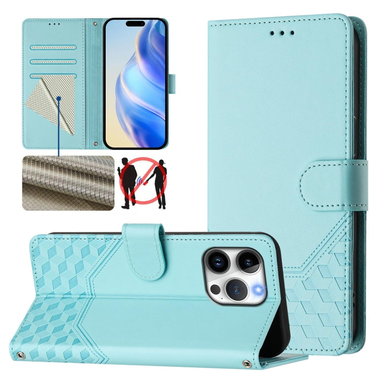 Funda para teléfono de cuero RFID con relieve en forma de panal, For iPhone 16, For iPhone 15 Pro Max, For iPhone 15 Pro, For iPhone 15 Plus, For iPhone 15, For iPhone 14 Plus, For iPhone 14 / 13, For iPhone 14 Pro