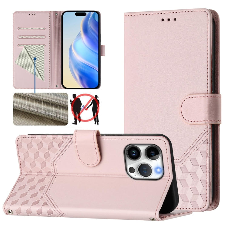 Funda para teléfono de cuero RFID con relieve en forma de panal, For iPhone 16, For iPhone 15 Pro Max, For iPhone 15 Pro, For iPhone 15 Plus, For iPhone 15, For iPhone 14 Plus, For iPhone 14 / 13, For iPhone 14 Pro