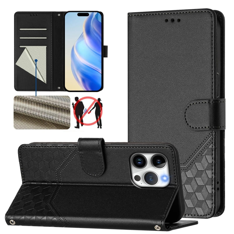 Funda para teléfono de cuero RFID con relieve en forma de panal, For iPhone 16, For iPhone 15 Pro Max, For iPhone 15 Pro, For iPhone 15 Plus, For iPhone 15, For iPhone 14 Plus, For iPhone 14 / 13, For iPhone 14 Pro