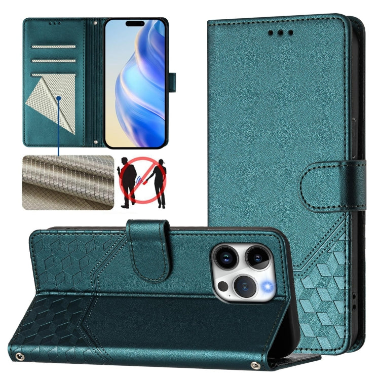 Funda para teléfono de cuero RFID con relieve en forma de panal, For iPhone 16, For iPhone 15 Pro Max, For iPhone 15 Pro, For iPhone 15 Plus, For iPhone 15, For iPhone 14 Plus, For iPhone 14 / 13, For iPhone 14 Pro