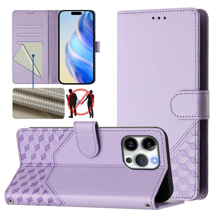 Funda para teléfono de cuero RFID con relieve en forma de panal, For iPhone 16, For iPhone 15 Pro Max, For iPhone 15 Pro, For iPhone 15 Plus, For iPhone 15, For iPhone 14 Plus, For iPhone 14 / 13, For iPhone 14 Pro