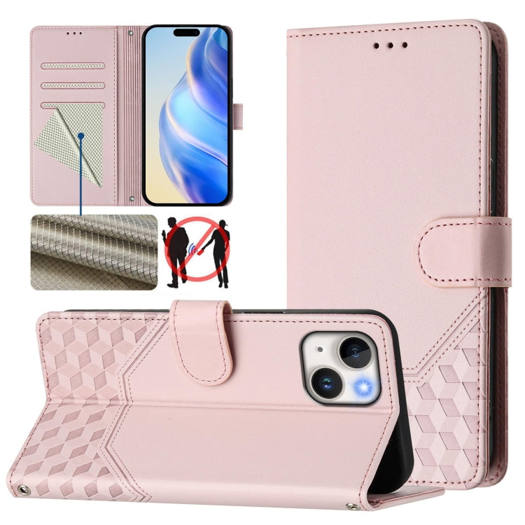 Funda para teléfono de cuero RFID con relieve en forma de panal, For iPhone 16, For iPhone 15 Pro Max, For iPhone 15 Pro, For iPhone 15 Plus, For iPhone 15, For iPhone 14 Plus, For iPhone 14 / 13, For iPhone 14 Pro