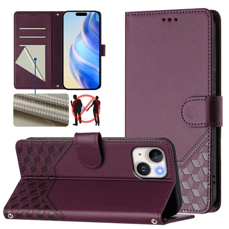Funda para teléfono de cuero RFID con relieve en forma de panal, For iPhone 16, For iPhone 15 Pro Max, For iPhone 15 Pro, For iPhone 15 Plus, For iPhone 15, For iPhone 14 Plus, For iPhone 14 / 13, For iPhone 14 Pro